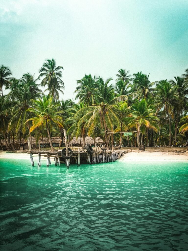 Top 10 des plus belles îles paradisiaques 🌴 A serene tropical beach with turquoise waters and palm trees in Guna Yala, Panama.